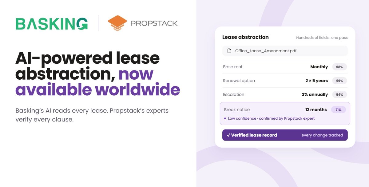 PropstackIndia's tweet photo. AI can read a lease in seconds. The hard part is knowing which answers to trust.

We've spent the last decade working on that problem.

Since 2013, Propstack has turned India's registered sale, lease and mortgage documents into structured data. That covers more than 1 million transactions and 1.4 billion sq ft of space. The documents are scanned, handwritten, multilingual and inconsistent. The only way to get that data right at scale is to let automation do the heavy lifting and have trained analysts check the fields that matter.

So when Basking asked us to be the human in their human-in-the-loop, the workflow felt familiar.

Starting today, enterprises anywhere can get AI-powered lease abstraction from Basking and Propstack:

🔹 Basking's AI extracts hundreds of fields per lease in one pass, each with a confidence score

🔹 Propstack's expert team checks every low-confidence value against the source document

🔹 Every change is tracked, so the final record is audit-ready

"Combining that expertise with Basking's AI platform lets us offer enterprises worldwide something that didn't exist before: abstraction at AI speed with the accuracy of a trained analyst on every lease." — Raja Seetharaman, Co-founder, Propstack

More details here- https://t.co/IpCXoz3COq

#LeaseAbstraction #CorporateRealEstate #PropTech #AI