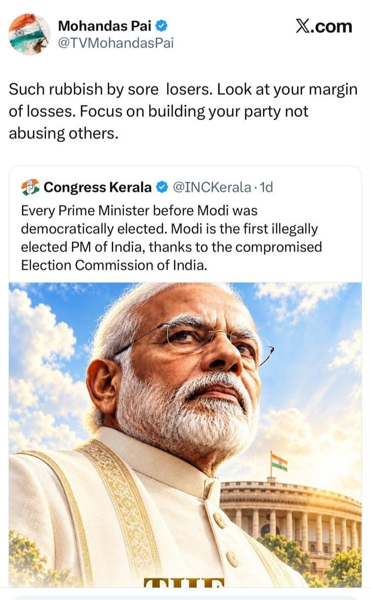 INCKerala's tweet photo. Dear @TVMohandasPai,

It’s a pity that after serving the BJP and sangh loyally with your abusive tongue for more than 13 years, Modi hasn't given you a Rajya Sabha ticket. 

Should we try to raise this issue more loudly so that Modiji feels pity and offers you an RS seat? We are more than happy to do so.