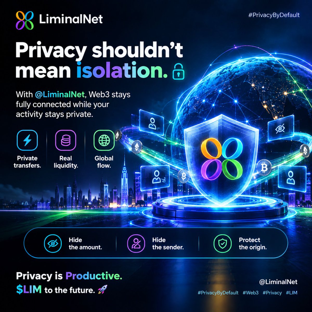 a_a_Adnan's tweet photo. Privacy shouldn’t mean isolation. 🔐

With @LiminalNet, Web3 stays fully connected while your activity stays private.

Private transfers.
Real liquidity.
Global flow.
Hide the amount.
Hide the sender.
Protect the origin.
Privacy is Productive.
$LIM to the future. 🚀 https://t.co/2w8miJkxBf
