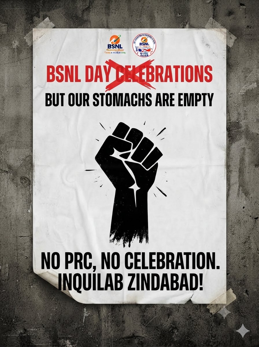 Anuptukun's tweet photo. The real architects of BSNL are hungry today, so how can there be any celebration? We want to be happy too, but being deprived of our rightful dues leaves us no choice. Our struggle continues! ✊
​@PMOIndia @DoT_India @BSNL_Corporate #BSNL #3rdPRC #InquilabZindabad https://t.co/jUjj1LzemO