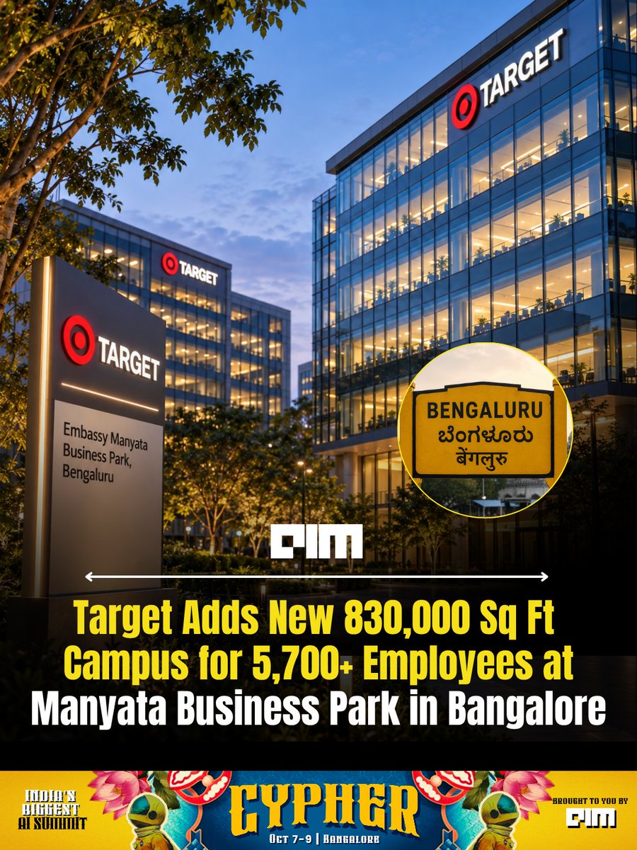 Analyticsindiam's tweet photo. Target is expanding its Bengaluru GCC with a new 830,000 sq ft campus at Embassy Manyata Business Park, bringing more than 5,700 Target team members across the city into one connected campus.

“Our office expansion is a reflection of Target’s strategic priority to strengthen our team and the communities in which we operate,” said Andrea Zimmerman, Senior Vice President and President, Target in India. She said the expanded campus will create more opportunities for teams to connect, collaborate and build solutions for Target’s business and customers.

The 10-floor facility features 22 collaboration spaces and 25 meeting rooms on every floor, along with a 1,200-seat cafeteria, gym, recreation and play zone, dance and yoga studio, and seven wellness rooms. Target has operated in India for more than 21 years, with its Bengaluru teams working across technology, merchandising, supply chain, fulfilment, stores, cybersecurity, digital and marketing.

Read the full story by Sanjana Gupta here: https://t.co/I60GaPbYY5