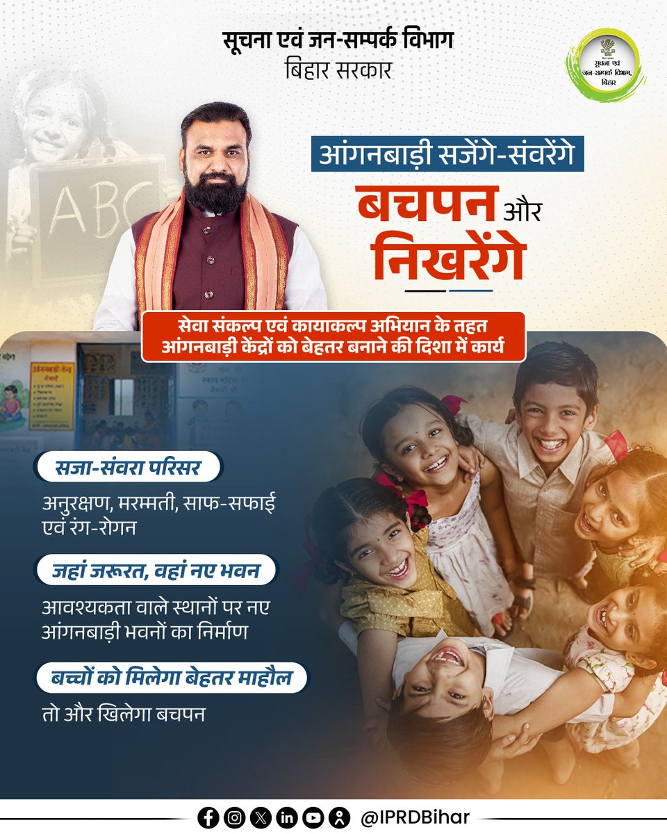 IPRDBihar's tweet photo. माननीय मुख्यमंत्री श्री सम्राट चौधरी जी के नेतृत्व में ‘सेवा संकल्प एवं कायाकल्प अभियान’ के तहत आंगनबाड़ी केंद्रों को स्वच्छ, सुंदर और सुरक्षित बनाने की दिशा में कार्य किया जा रहा है।

इस अभियान के तहत आंगनबाड़ी केंद्रों में अनुरक्षण, मरम्मत, साफ-सफाई और रंग-रोगन के साथ परिसर को बेहतर बनाया जाएगा। साथ ही जहां आवश्यकता होगी, वहां नए आंगनबाड़ी भवनों का निर्माण भी किया जाएगा।

#KayakalpAbhiyan 
#samratchoudhary
#CMSamrat