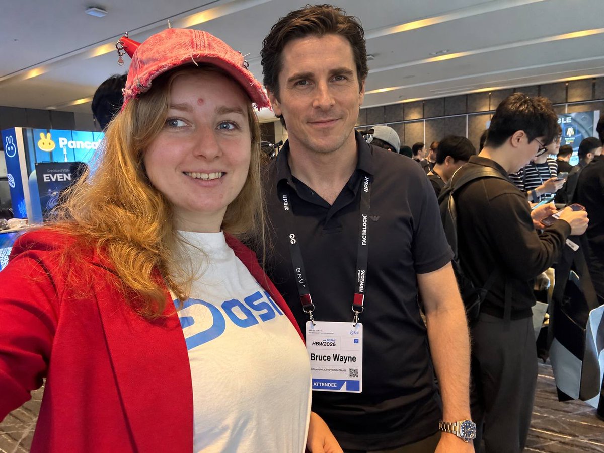 DariaChernozub's tweet photo. Just arrived at the Korea Blockchain Week main event and immediately ran into @CryptosBatman 🦇

Batman & a girl with horns. Sounds like the beginning of a good story 😈

Of course, I reminded him about Dash. A lot has happened over the past few years 😉🙃

@kbwofficial #KBW2026 #Dash