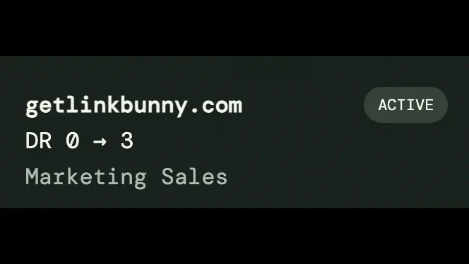 LinkBunny profile card for getlinkbunny.com showing active status and Domain Rating increasing from 0 to 3.