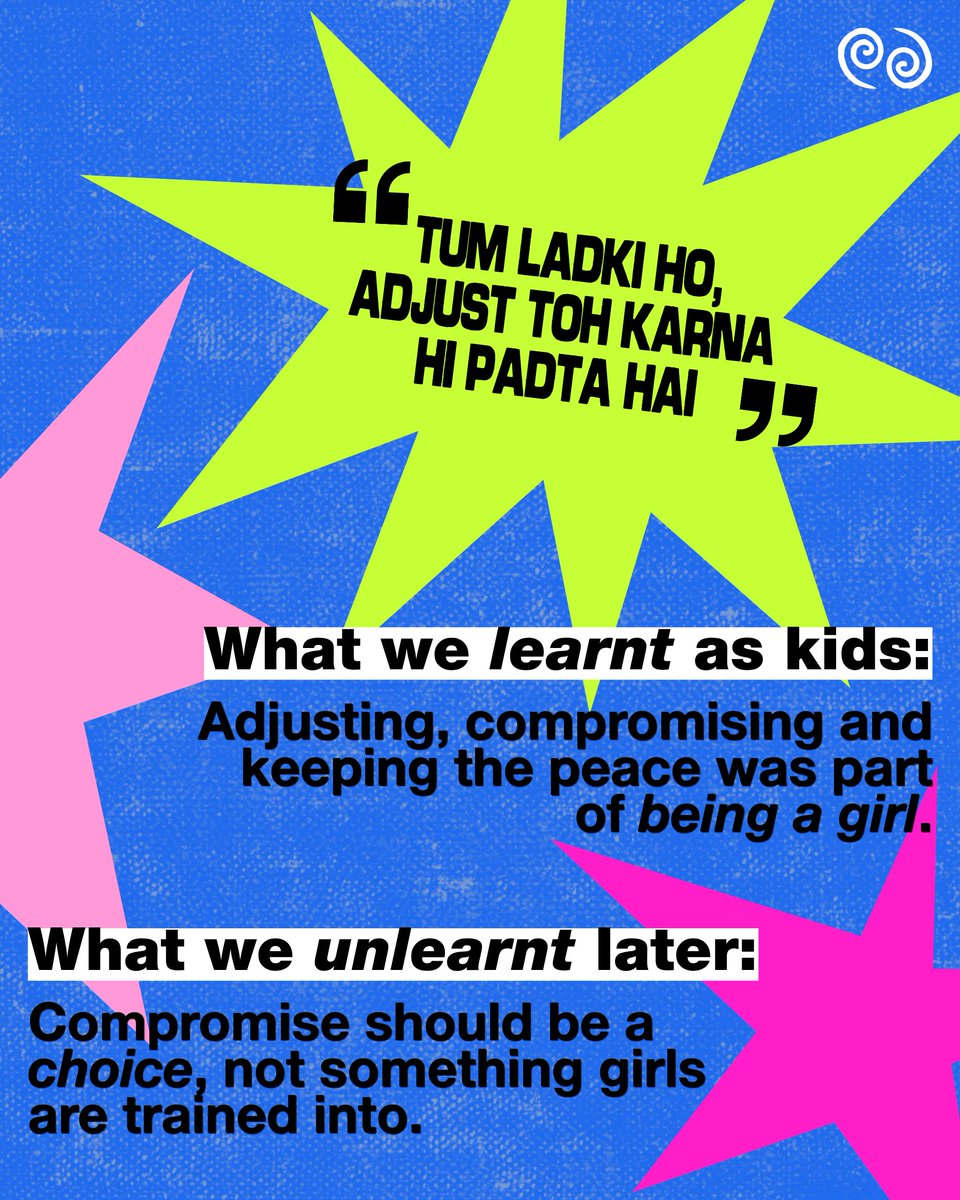 ratifoundation's tweet photo. “Tum ladki ho, adjust karo.”

It’s funny how “that’s just how things are” explains so much, until you ask who decided that. Questioning the old normal makes room for a new one 👀

What did you have to unlearn?

#Unlearning #Boundaries #RATIFoundation https://t.co/siAnvGSYVW