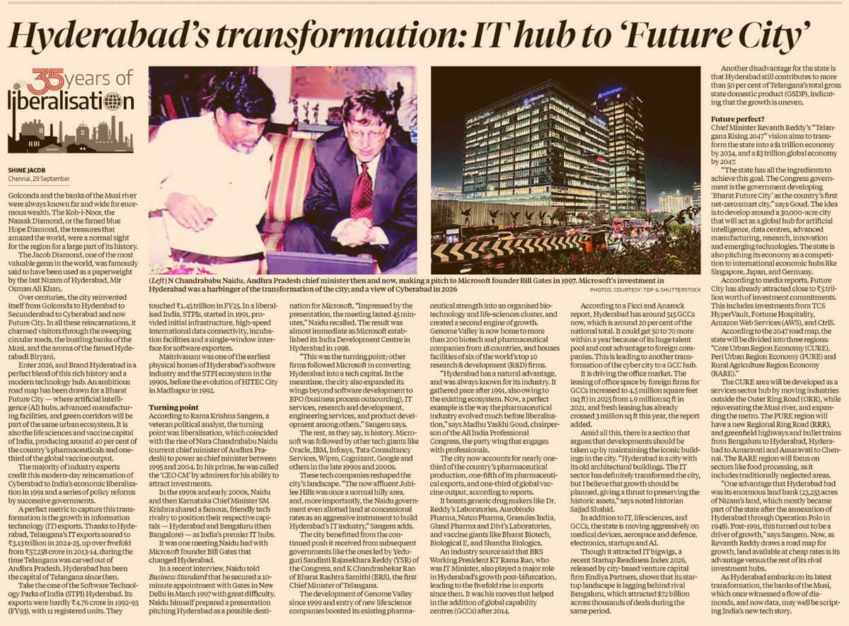 ncbn's tweet photo. Pleasantly surprised to see this iconic photograph in @bsindia today, as part of a wonderful piece chronicling 35 years of Hyderabad’s transformation. In 1997, I had the opportunity to make a presentation to Bill Gates on why Microsoft should choose Hyderabad. That meeting eventually led to Microsoft setting up its first development centre outside the United States in Hyderabad. 

The rest, as they say, is history. Hyderabad’s journey is a reminder that transformative change begins with a bold vision, backed by persistence and policy consistency over decades. I’m enclosing more pictures from the archive here - 

https://t.co/A0TtDx9nww 

@BillGates 
@Microsoft