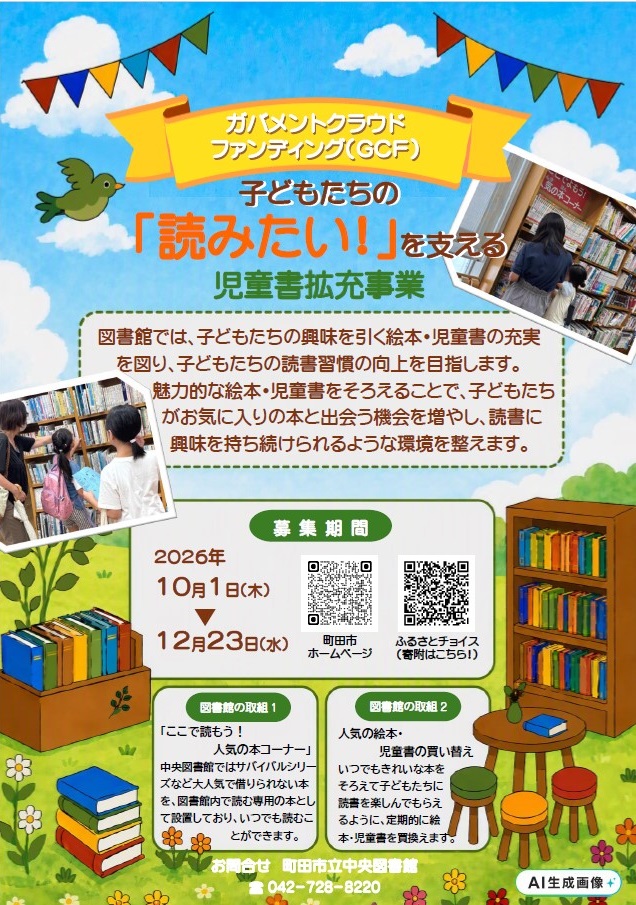 machida_library's tweet photo. 【寄附募集】町田市立図書館では、ガバメントクラウドファンディング「子どもたちの『読みたい!』を支える児童書拡充事業」を通じて、皆さまからの寄附を募集しています。子どもたちの「読みたい!」を叶えるために応援をお願いいたします!
#町田市 #GCF #図書館
https://t.co/VbWJAYsQvo https://t.co/92z0WsWKUt