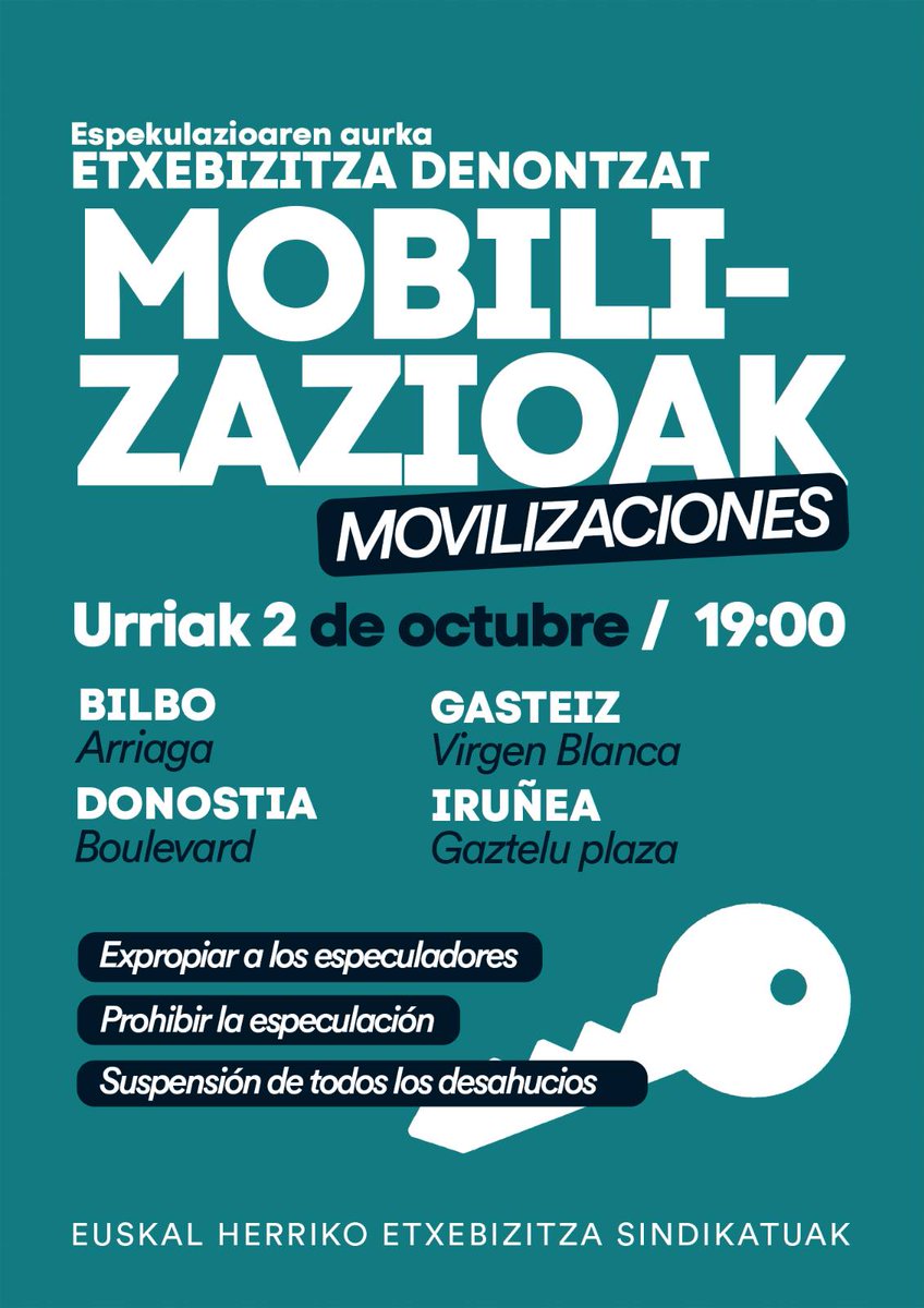 GedarLangileKZ's tweet photo. ‼️ Ostiralean mobilizatzeko deialdi bateratu bat egin dute Euskal Herriko Etxebizitza Sindikatuek 

Hego Euskal Herriko lau hiriburuetan egingo dituzte manifestazioak, 19:00etan

@EtxeSindikatua @ehessarea 

🔗 https://t.co/OjkeK1ocp7 https://t.co/YbUglOMVzg