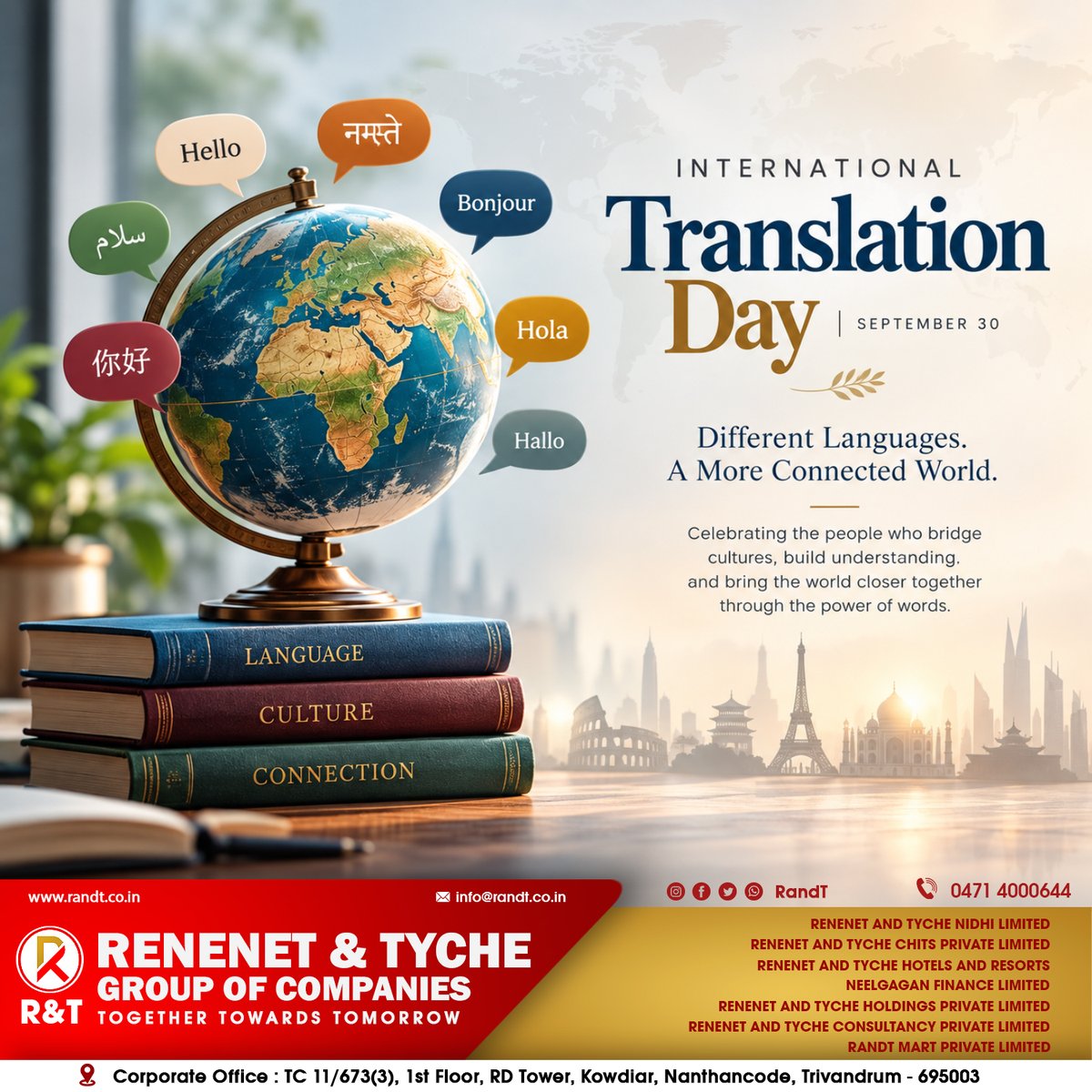 RandT_Group's tweet photo. This #InternationalTranslationDay, we celebrate translation as a bridge connecting people, cultures, knowledge, and ideas across borders. 🤝📚

Bridging languages. Connecting worlds. 🌐✨

#Translation #LanguageMatters #GlobalCommunication #BridgingCultures #ConnectTheWorld https://t.co/tabpNbFFvD