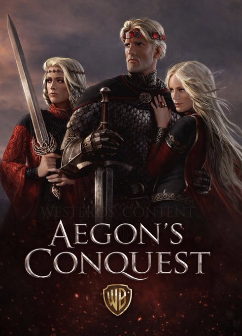 Book or game cover titled "Aegon's Conquest" with the Warner Bros. logo, showing three fantasy characters: a man in armor holding a sword between two blonde women, set against a dark sky.