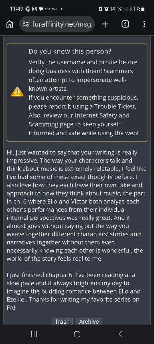 WorksofKiro's tweet photo. I received this note on FurAffinity praising my furry novel, Songs of Dirth! I’m counting this as my first review! 

Thank you, anonymous reader! You make me want to write more!
(posting this with their permission) https://t.co/oJCJk4wLSX