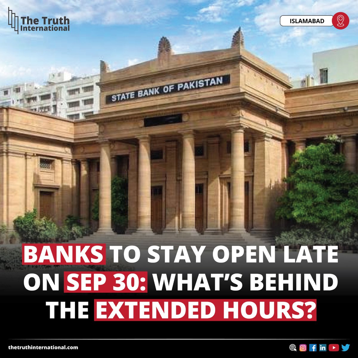 ttimagazine's tweet photo. Banks To Stay Open Late on September 30: What’s Behind the Extended Hours?

For More:
https://t.co/FC97KaNc5f

#Banks #September30 #Extended #Hours #BankJobs #Islamabad #BankDuty https://t.co/OjT14AOuVq