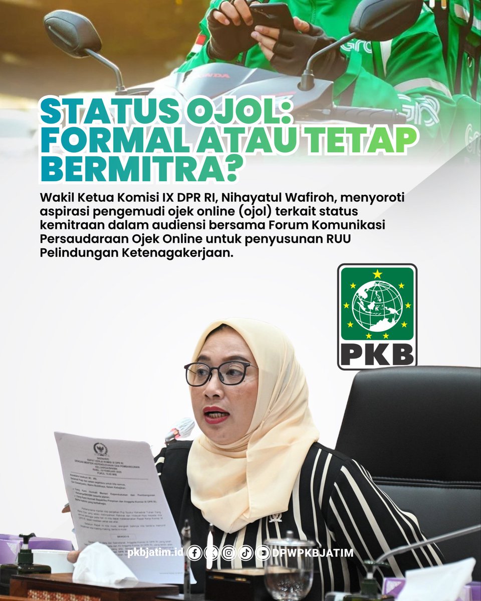 dpwpkbjatim_'s tweet photo. Status ojol kembali menjadi sorotan dalam pembahasan RUU Ketenagakerjaan.
Komisi IX DPR RI menyoroti status kemitraan pengemudi ojol serta perlindungan dan kepastian bagi para driver.
#PKB #Pkbjatim #dpwpkbjatim #gusmuhaimin #cakimin https://t.co/dv8Gswcyp9