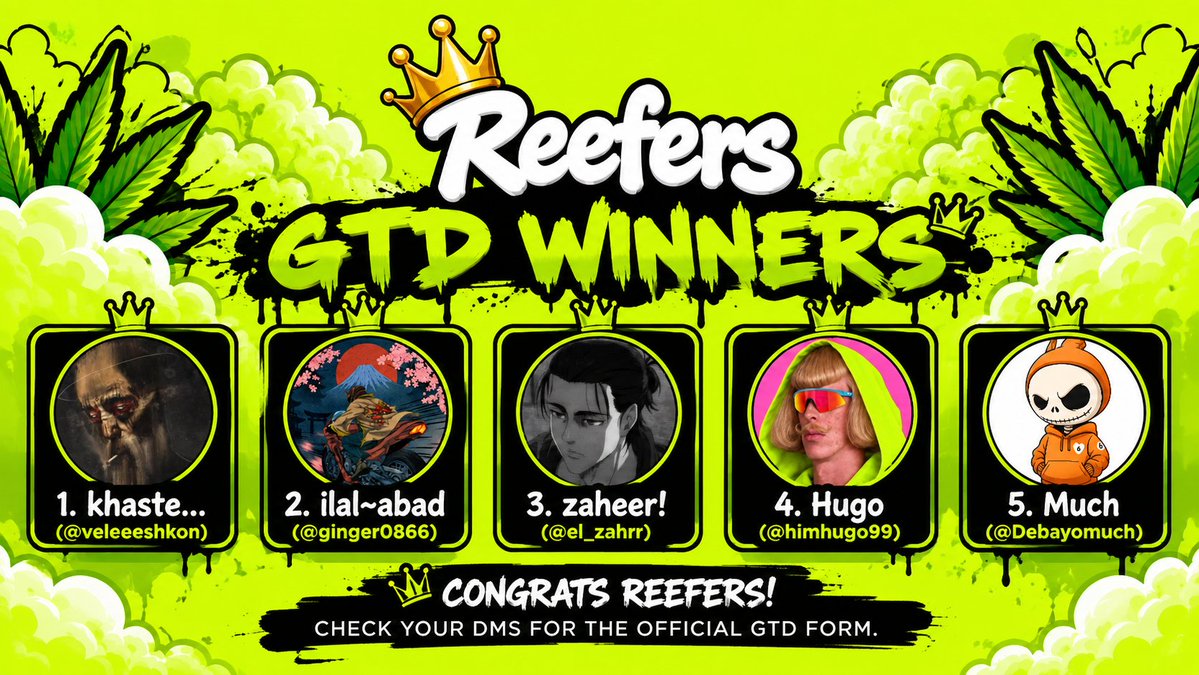 ReefersRH's tweet photo. The first 5 Reefers GTD winners are officially locked in. 🌿👑

Congrats to:

@veleeeshkon
@ginger0866
@el_zahrr
@himhugo99
@Debayomuch

Check your DMs for the official GTD form. 5 down. 95 to go. Remember: the only way to get Reefers GTD is by being in the X group chat. 🌿

For the people, by the people. 👑