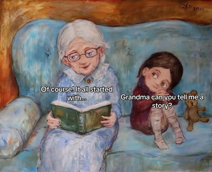 HELEGT's tweet photo. Photo by Benji on August 19, 2026. It may be an illustration of a book with the text: “Of course! It all started with... Grandma, can you tell me a story? https://t.co/09Bg84nxOr