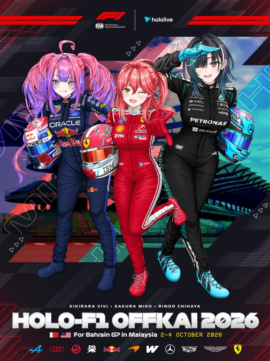 rosidskizo's tweet photo. HOLO-F1 OFFKAI 2026 For Bahrain GP in Malaysia (Full body version)
.
Sakura Miko (Ferrari)
Kikirara Vivi (Red Bull)
Rindo Chihaya (Mercedes)
.
Commission artwork for ryankcwoo from IG 
COMMERCIAL USE
.
#formula1 #F1 #もはやちはや #miko_Art #ヴィヴィメイク https://t.co/aVc2ckwUcg