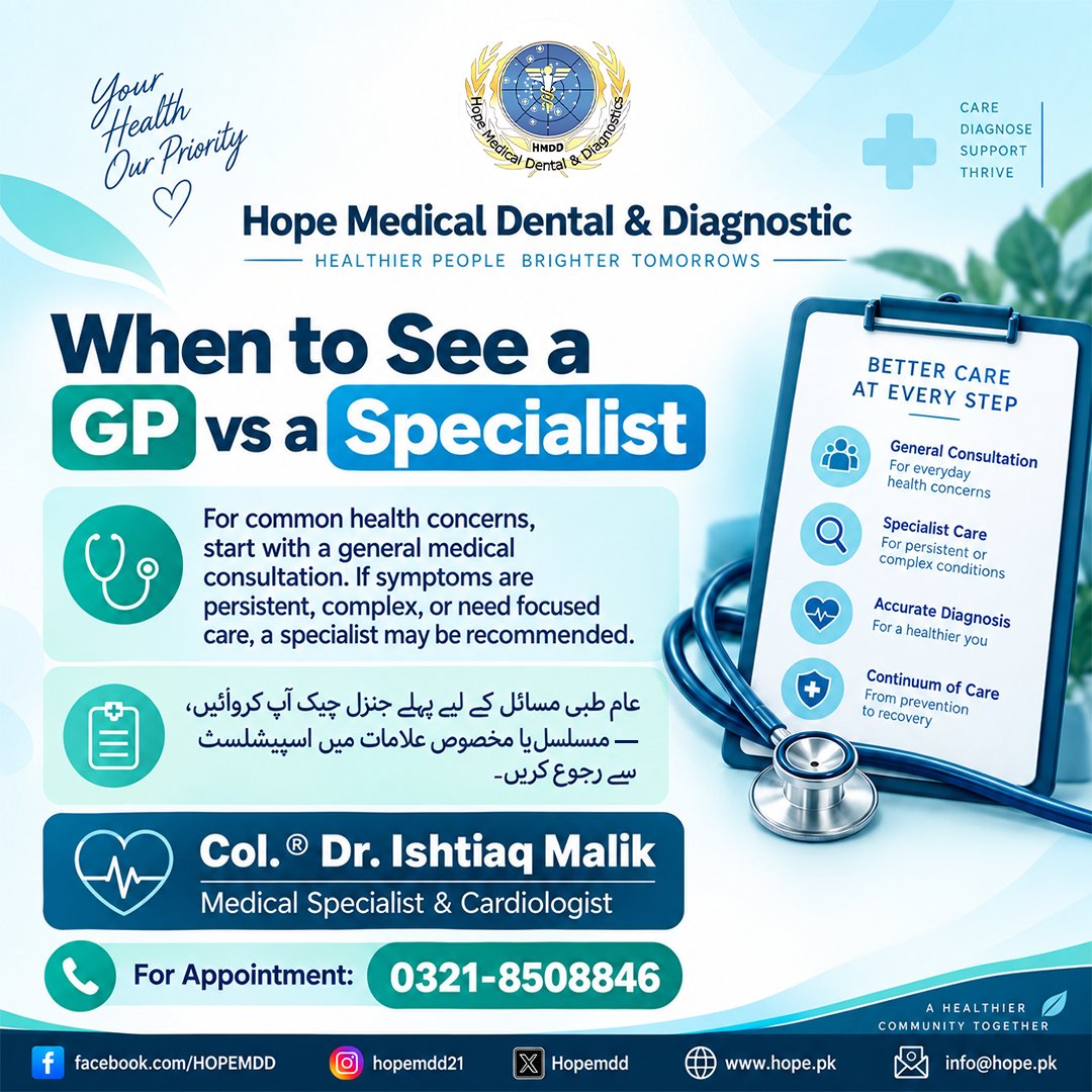 Hopemdd's tweet photo. Unsure whether to see a GP or a specialist? Start by understanding your care needs. 🩺

📍   Rawalpindi Cantt
📞 Book your appointment: 0321-8508846

#GeneralPractice #SpecialistCare #MedicalConsultation #MedicalSpecialistInRawalpindi #Rawalpindi #HopeMedical https://t.co/IMjaDSSow1