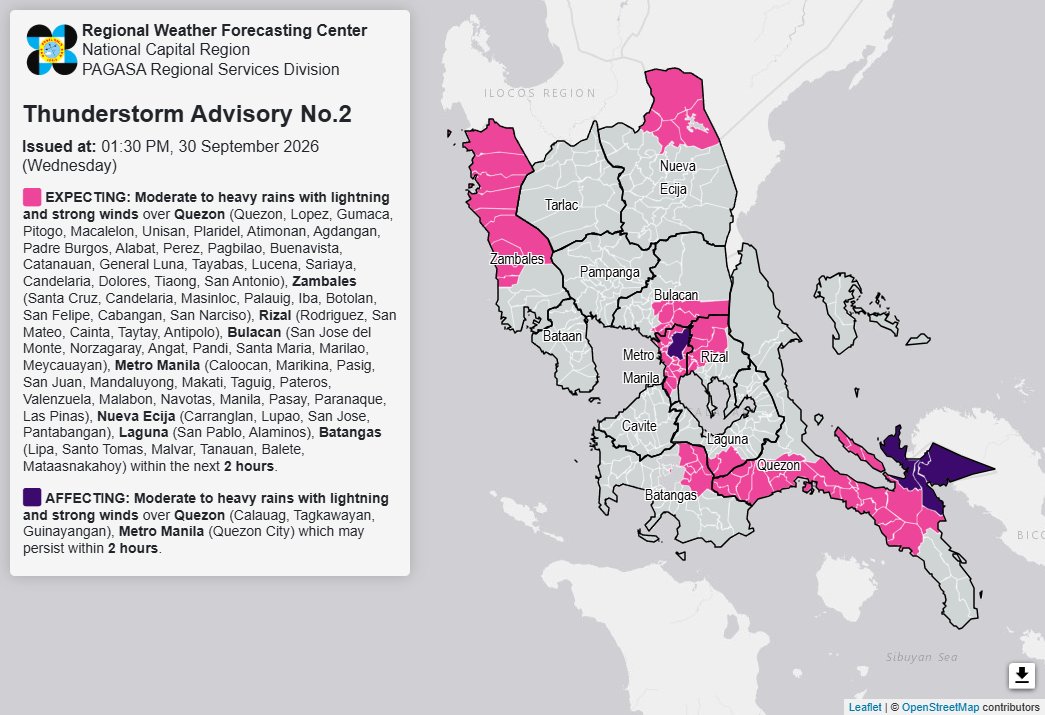 dost_pagasa's tweet photo. Thunderstorm Advisory No. 2 #NCR_PRSD
Issued at: 1:30 PM, 30 September 2026(Wednesday)

Moderate to heavy rainshowers with lightning and strong winds are expected over Batangas (Lipa, Santo Tomas, Malvar, Tanauan, Balete, and Mataasnakahoy), Bulacan (San Jose del Monte, Norzagaray, Angat, Pandi, Santa Maria, Marilao, and Meycauayan), Laguna (San Pablo and Alaminos), Metro Manila (Caloocan, Marikina, Pasig, San Juan, Mandaluyong, Makati, Taguig, Pateros, Valenzuela, Malabon, Navotas, Manila, Pasay, Paranaque, and Las Pinas), Nueva Ecija (Carranglan, Lupao, San Jose, and Pantabangan), Quezon (Quezon, Lopez, Gumaca, Pitogo, Macalelon, Unisan, Plaridel, Atimonan, Agdangan, Padre Burgos, Alabat, Perez, Pagbilao, Buenavista, Catanauan, General Luna, Tayabas, Lucena, Sariaya, Candelaria, Dolores, Tiaong, and San Antonio), Rizal (Rodriguez, San Mateo, Cainta, Taytay, and Antipolo), and Zambales (Santa Cruz, Candelaria, Masinloc, Palauig, Iba, Botolan, San Felipe, Cabangan, and San Narciso) within the next 2 hours.

The above condition is affecting Metro Manila (Quezon City) and Quezon (Calauag, Tagkawayan, and Guinayangan) which may persist within 2 hours.

All are advised to take precautionary measures against the impacts associated with these hazards which include flash floods and landslides.

Keep monitoring for updates.