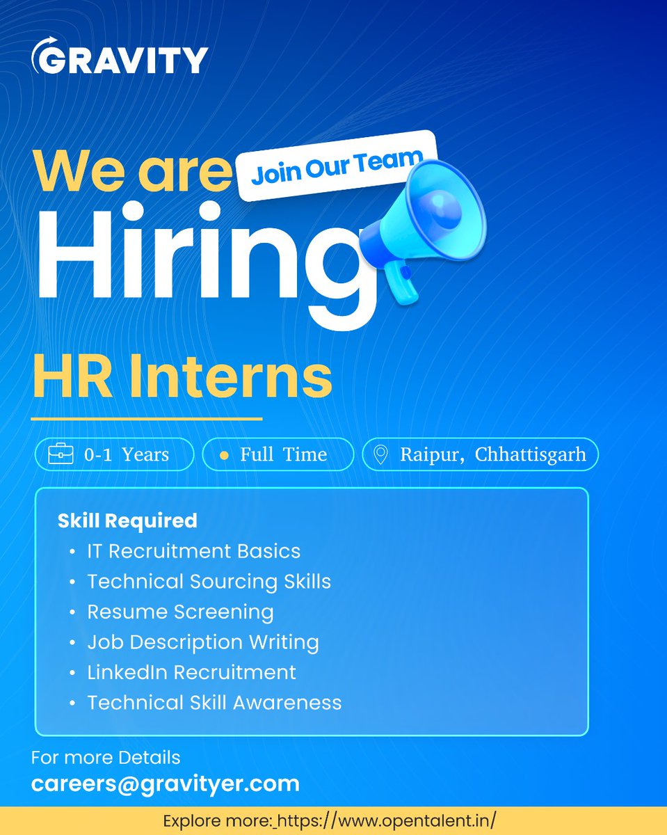 Techgravityer's tweet photo. 🚀 We’re Hiring | HR Intern
📍 Raipur | 0–1 Years | Full-Time

Join our Talent Acquisition team and gain hands-on experience in IT recruitment.
Skills: Sourcing, Screening, Recruitment, LinkedIn &amp; Technical Hiring.
📩 careers@gravityer.com
🔗 https://t.co/Bn7jwptQ8j

#Hiring https://t.co/wMZANe72tR