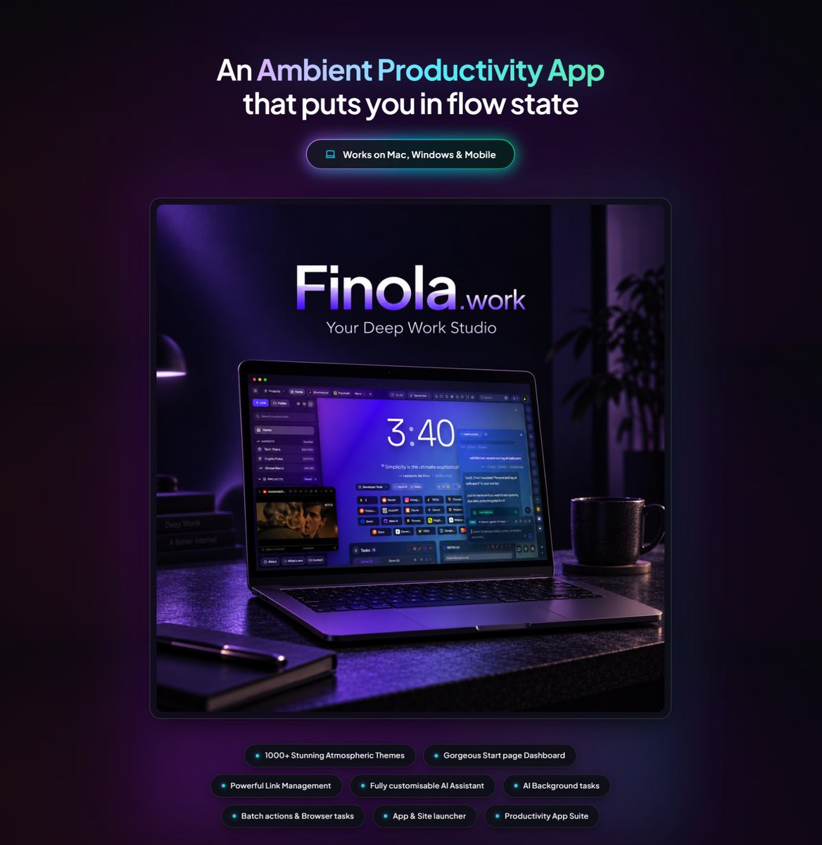 fintasticapps's tweet photo. https://t.co/DWyYl7i87G - The best productivity app for desktop 

Ambient themes that boost focus, helps you be in flow and get meaningful work done

No download, no CC needed. https://t.co/lNktkGcRTB