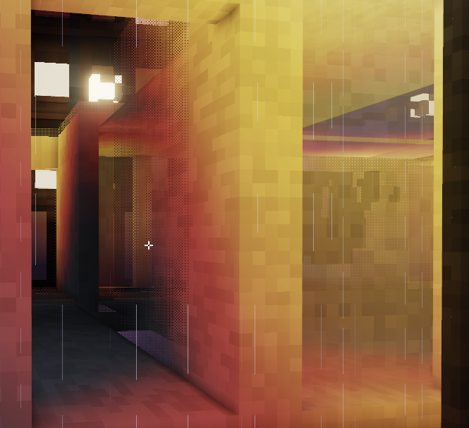 A Minecraft-style 3D rendered scene depicting a narrow passage between walls colored in vibrant gradients of red, orange, and yellow, with pixelated textures and a rainy atmosphere.