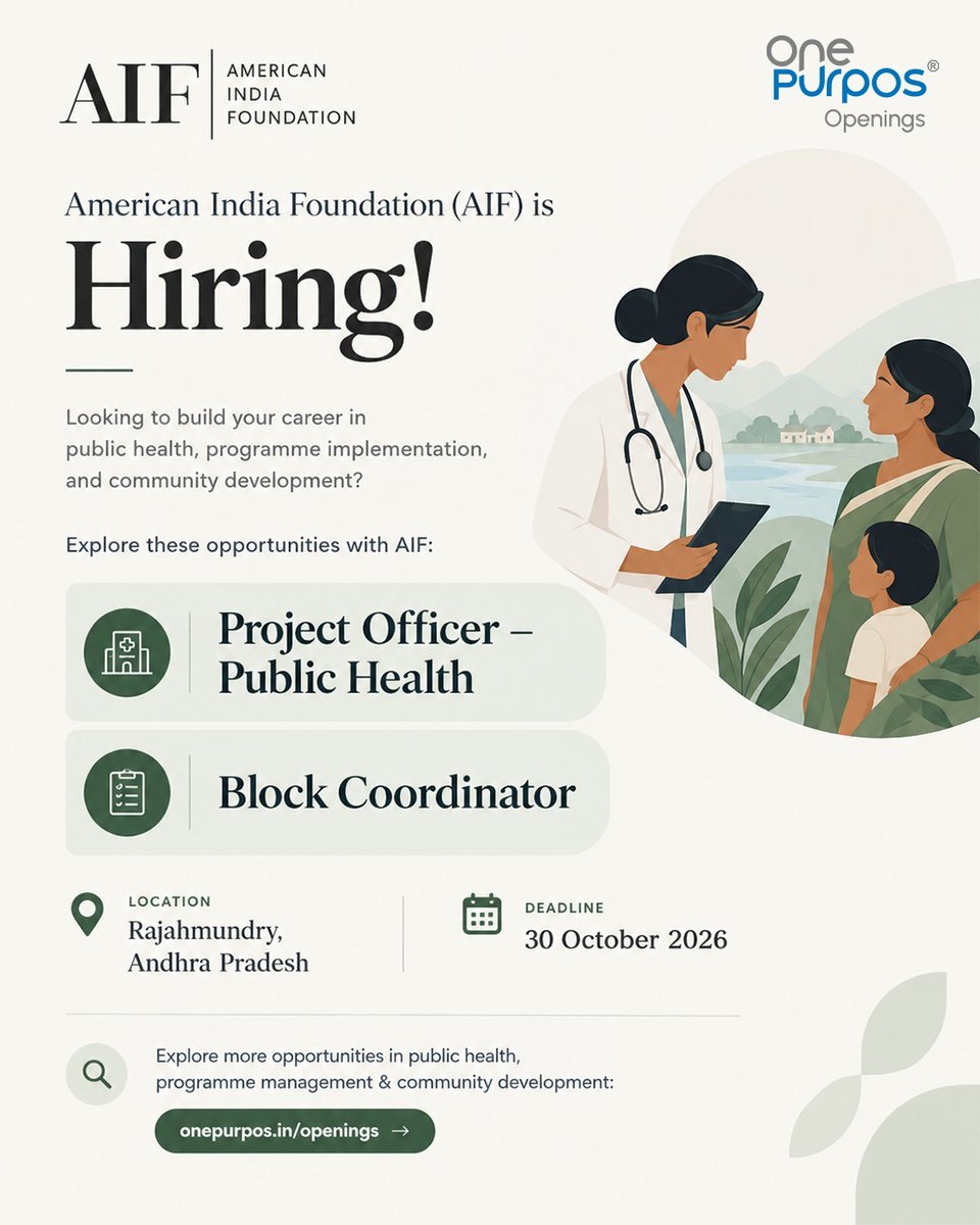 OnePurpos_'s tweet photo. #JobOpening | American India Foundation (AIF) is Hiring! 🏥
Looking to build your career across public health, programme implementation, and community development?
American India Foundation (AIF) is hiring for multiple roles in Andhra Pradesh. Explore these opportunities:
🏥 Project Officer – Public Health
🔗 https://t.co/ESfblfDASg
📋 Block Coordinator
🔗 https://t.co/VwCrGg74c6
📍 Location: Rajahmundry, Andhra Pradesh
🗓️ Deadline: 30 October 2026
🔎 Explore 400+ opportunities in the development sector:
https://t.co/TaKfO4cRXi
✨ Unlock personalised features as a jobseeker:
https://t.co/0RS1WwQHWO
📲 Join our WhatsApp community:
https://t.co/ietL9GRLRA
📸 Follow us on Instagram:
https://t.co/oLSb4gl6Ku
#AmericanIndiaFoundation #AIF #PublicHealthJobs #ProgramImplementation #CommunityDevelopment #AndhraPradeshJobs