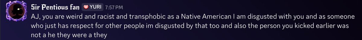 Starrlenade's tweet photo. AJ banned a Native American, @Moths_sanctum, from her discord server for telling her she’s racist and transphobic. And she and her discord members went so far as to claim they weren’t a real Native, along with discussing the transphobia she’s been called out on. https://t.co/OTuXJgaqxo
