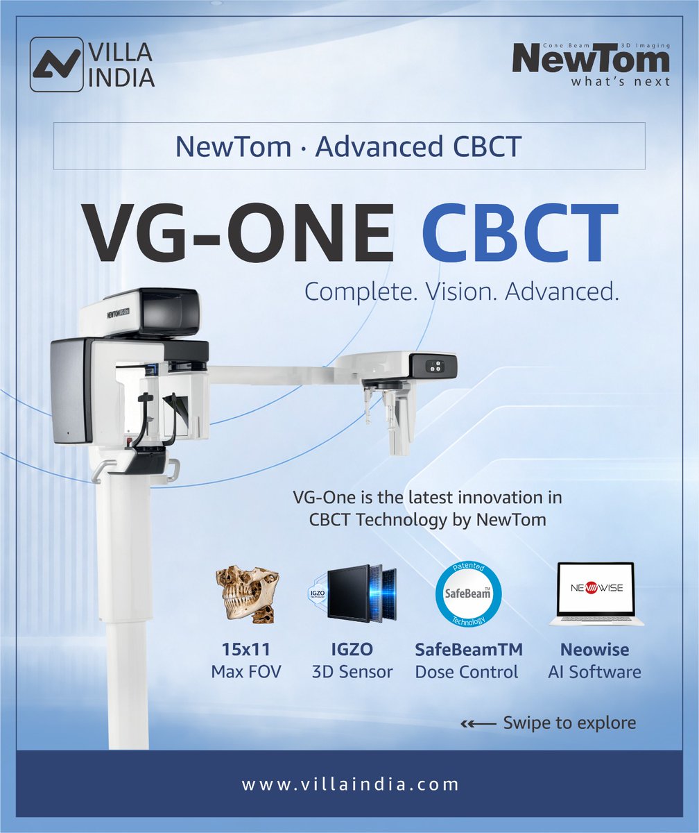 Villa_india__'s tweet photo. 🔬 𝙈𝙚𝙚𝙩 𝙩𝙝𝙚 𝙉𝙚𝙬𝙏𝙤𝙢 𝙑𝙂-𝙊𝙉𝙀 𝘾𝘽𝘾𝙏: 𝘾𝙤𝙢𝙥𝙡𝙚𝙩𝙚. 𝙑𝙞𝙨𝙞𝙤𝙣. 𝘼𝙙𝙫𝙖𝙣𝙘𝙚𝙙.
𝙒𝙚𝙗: https://t.co/iBPf6IsSzw
#villaindia #newtom #vgone #cbct #igzosensor #safebeam  #3dimaging #dentalradiology #conebeamct #digitaldentistry #dentalequipmentindia https://t.co/zMnmijf0Aq