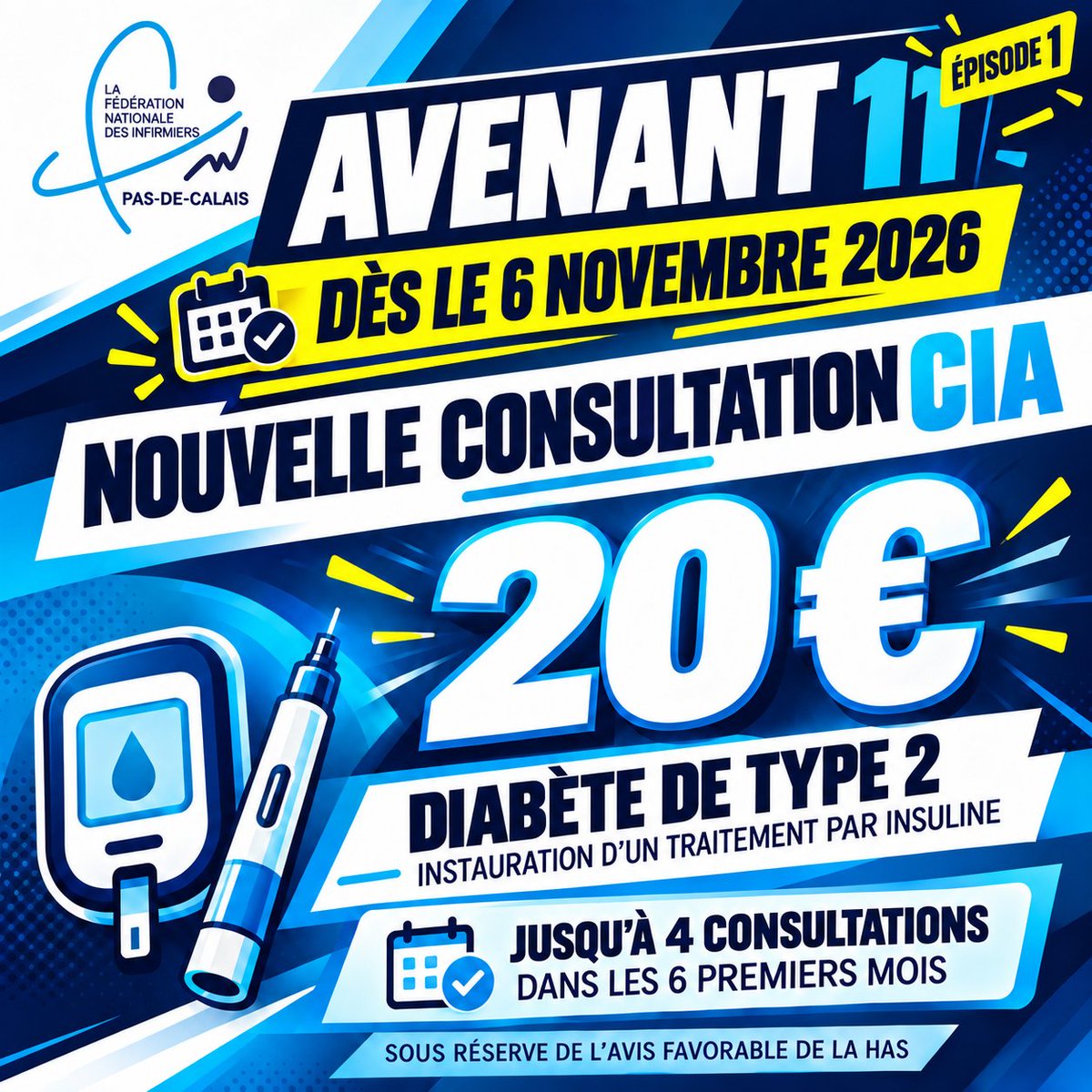 ABihouis's tweet photo. 🩺 Avenant 11 — Épisode 1

Dès le 6 novembre 2026 : création de la CIA à 20 € pour accompagner les patients diabétiques de type 2 nouvellement traités par insuline.

➡️ Jusqu’à 4 consultations dans les 6 premiers mois
⚠️ Sous réserve de l’avis de la HAS
#FNI62 #IDEL https://t.co/ehFeTiA4pa