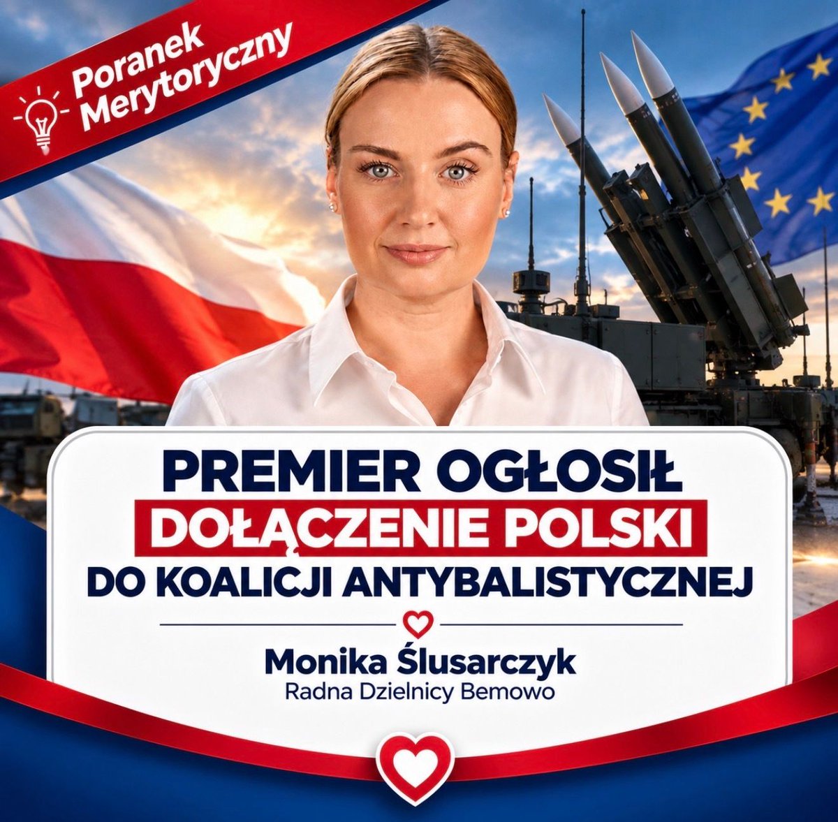 MSlusarczykKO's tweet photo. 7:30 | PORANEK MERYTORYCZNY |

Bezpieczeństwo polskiego nieba to nie tylko zakup uzbrojenia. To również rozwój technologii i współpraca z państwami, które mierzą się z podobnymi zagrożeniami.

Polska dołączyła do Koalicji Antybalistycznej – międzynarodowego projektu skupiającego państwa i przedsiębiorstwa pracujące nad rozwojem zdolności obrony przed pociskami balistycznymi. Decyzję ogłoszono 18 września podczas wizyty premiera Donalda Tuska w Ukrainie. 

Co to oznacza w praktyce?

➡️ współpracę przy rozwoju nowych technologii obronnych,
➡️ budowę europejskich zdolności do zwalczania pocisków balistycznych,
➡️ możliwość wykorzystania doświadczeń Ukrainy zdobytych podczas trwającej wojny,
➡️ wzmacnianie europejskiego systemu obrony powietrznej. 

Projekt zakłada również prace nad nowym systemem antybalistycznym, który ma być tańszy i szybszy w produkcji niż system Patriot. 

Bezpieczeństwo wymaga przygotowania, technologii i współpracy. A im skuteczniejsza obrona europejskiego nieba, tym większe bezpieczeństwo również Polski. 🇵🇱

☕ Zapraszam jutro o 7:30 na kolejną dawkę informacji. 
Konkretnie o tym, co zmienia się w Polsce i co warto wiedzieć.

#PoranekMerytoryczny #Bezpieczeństwo #Polska #ObronaPowietrzna #KoalicjaAntybalistyczna #MonikaŚlusarczyk #KoalicjaObywatelska