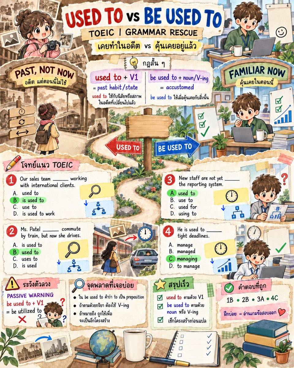EngnowThailand's tweet photo. used to + V1 คือเคยทำในอดีต ส่วน be used to + noun/V-ing คือคุ้นเคย เห็น be แล้วต้องเช็กคำหลัง to ก่อนตอบ #Engnow #TOEICGrammar https://t.co/r3CDfNFhTl
