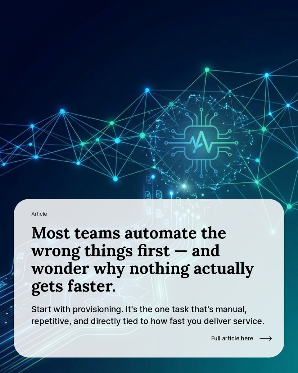 NetadminSystems's tweet photo. Most fiber operators automate reporting before provisioning.
That's backwards. Reporting tells you what happened. Provisioning determines how fast you deliver.
Start there.

Learn more: https://t.co/1K0P2fyfpS https://t.co/si9YA15BH3