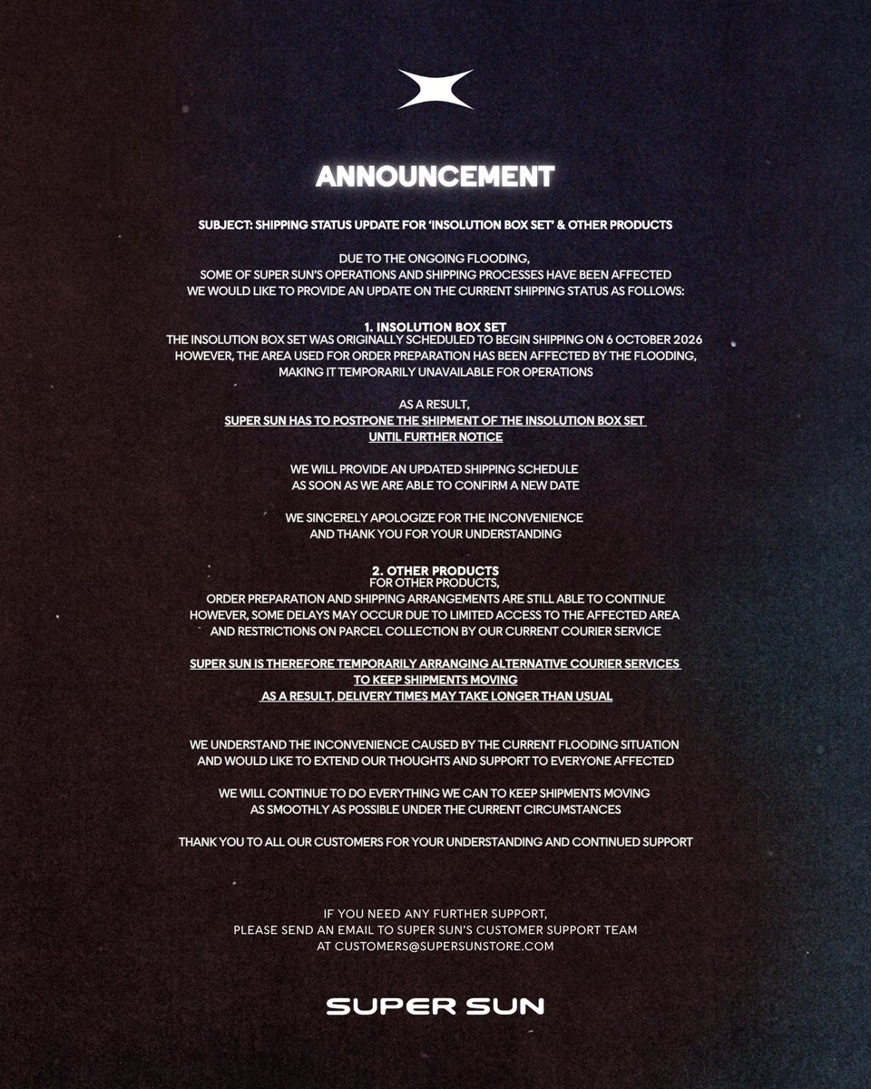 ssupersun's tweet photo. ANNOUNCEMENT: SHIPPING STATUS UPDATE FOR ‘INSOLUTION BOX SET’ &amp; OTHER PRODUCTS

ประกาศ: แจ้งสถานะการจัดส่งสินค้า ‘INSOLUTION BOX SET’ และ สินค้าอื่นๆ

#SUPERSUN
#SSINSOLUTION
#SUPERSUNxZEEPRUKBDFANSIGN https://t.co/JZjcskte5V