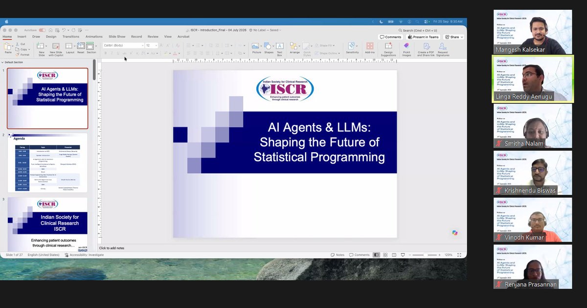 iscrindia's tweet photo. 📝 ISCR Webinar: AI Agents and LLMs Shaping Statistical Programming

Krishnendu Biswas &amp; Mangesh Kalsekar covered AI agents vs. Agentic AI &amp; GxP-responsible validation. Vinodh Kumar demoed a live SAS-to-R AI agent fixing its own errors. https://t.co/1Llwf7E6Lp