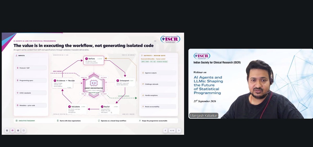iscrindia's tweet photo. 📝 ISCR Webinar: AI Agents and LLMs Shaping Statistical Programming

Krishnendu Biswas &amp; Mangesh Kalsekar covered AI agents vs. Agentic AI &amp; GxP-responsible validation. Vinodh Kumar demoed a live SAS-to-R AI agent fixing its own errors. https://t.co/1Llwf7E6Lp