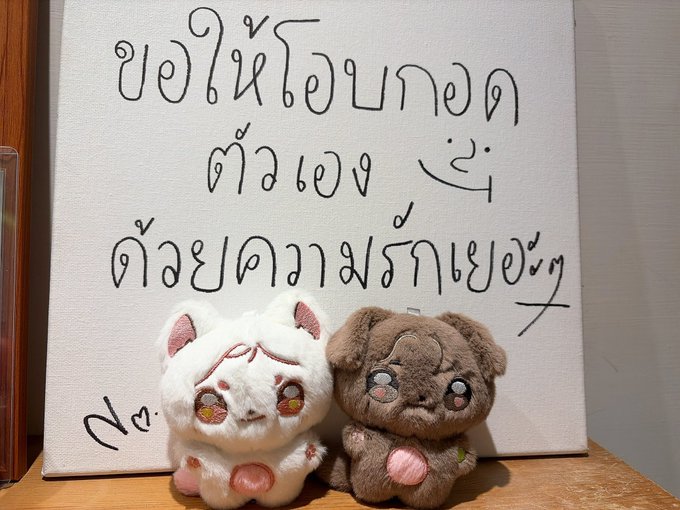 Two plush toys—one white and one brown—with unsettling eyes sit in front of a canvas displaying handwritten Thai script that translates to an apology message.