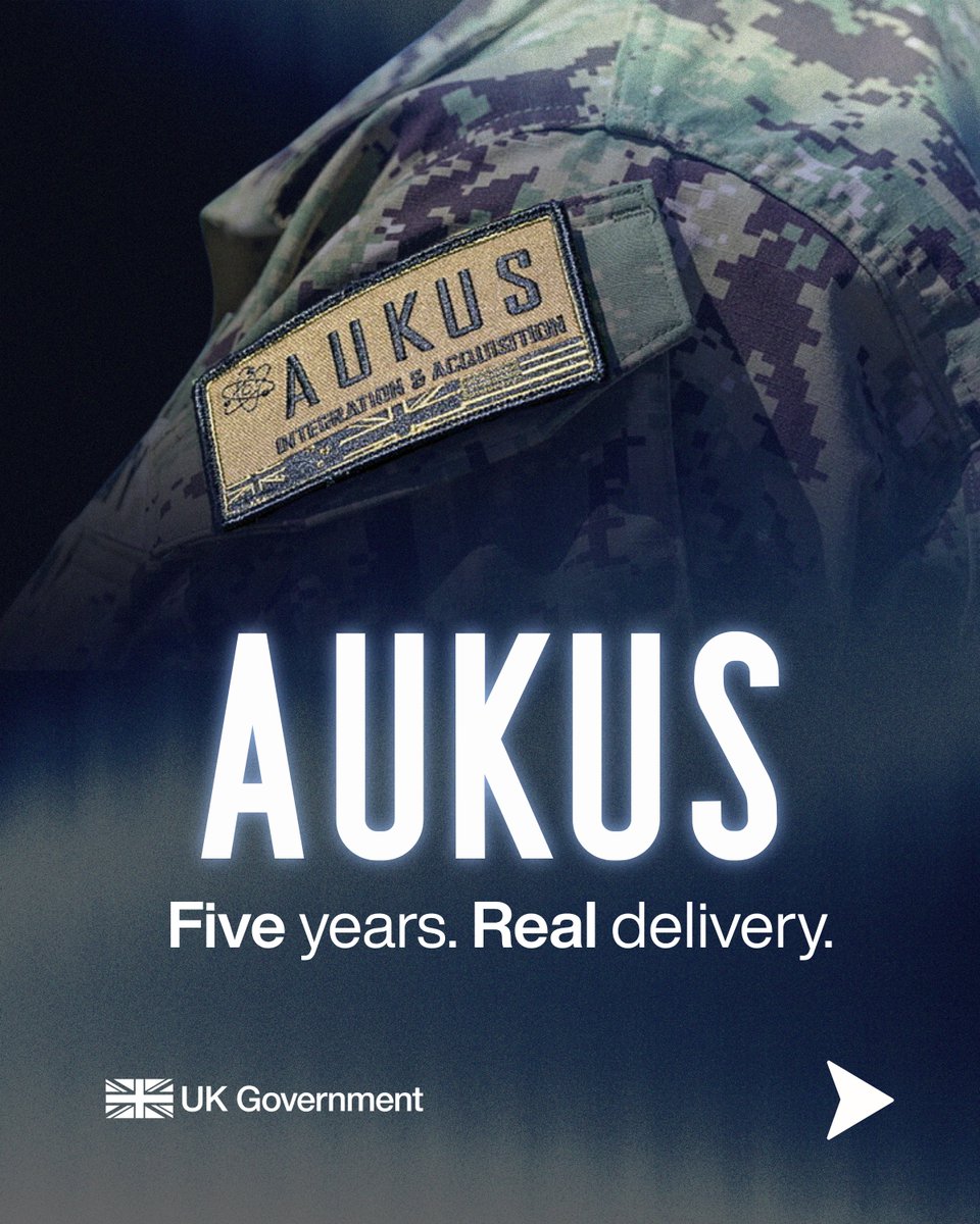 ukinaustralia's tweet photo. Five years on, AUKUS is delivering through stronger industry partnerships, workforce development and closer UK-Australia-US cooperation. The next chapter starts now. 🇬🇧🤝🇦🇺🤝🇺🇸 https://t.co/CAM9oZssw3