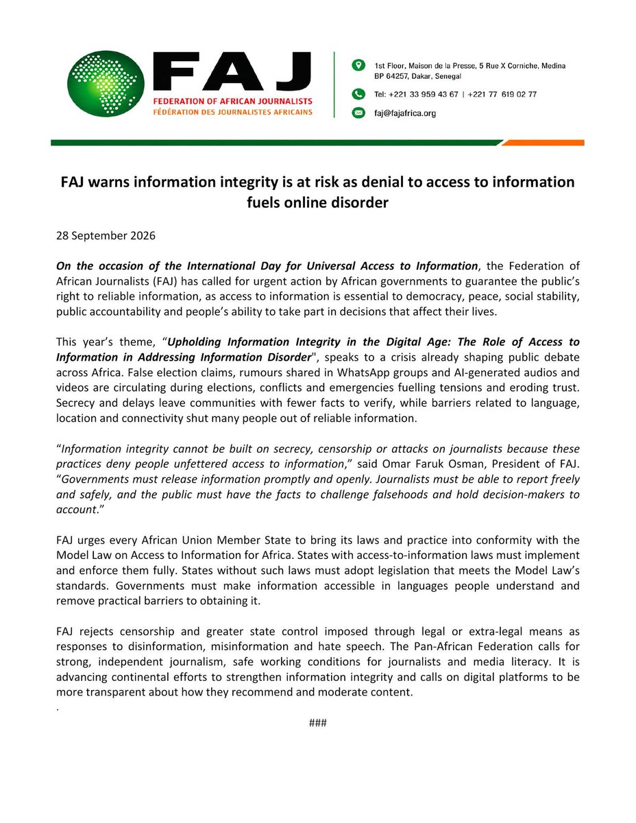 JuliusBintu's tweet photo. "Governments must make information accessible in languages people understand and remove practical barriers to obtaining it."

That's the message from @FAJafrica. Sept 28 to Oct 4, 2026, is Access to Information Week—more commonly recognized globally as Right to Know Week. #Africa https://t.co/BuOLhCmL8d