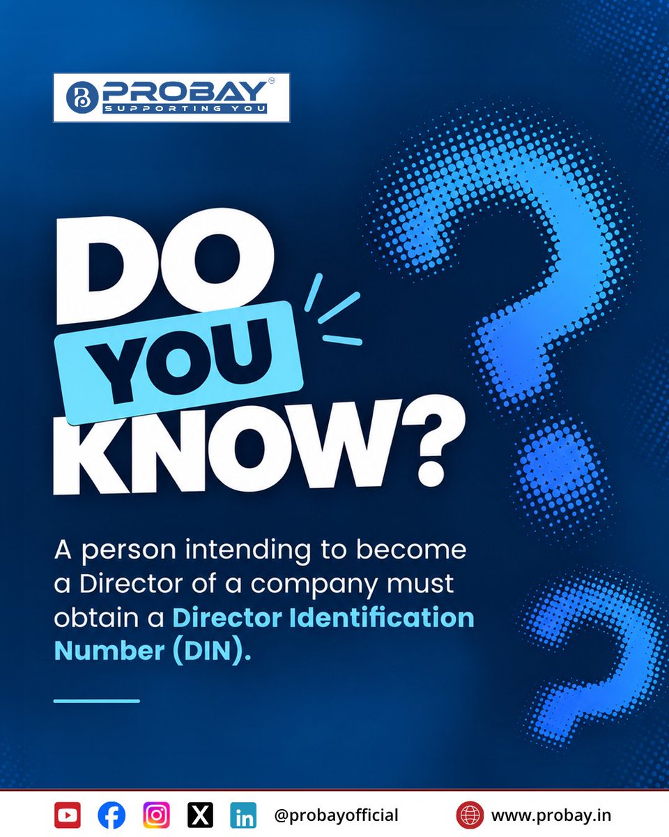 ProbayOfficial's tweet photo. #DoYouKnow

A person intending to become a Director of a company must obtain a Director Identification Number (DIN).

Want to know how DIN is obtained?

Visit https://t.co/RxmE77C5Ms for more details.

📞 84474 52345 | 72918 12345

#PROBAY #MCA #DIN #Director #CompaniesAct https://t.co/cmlqCkNbVG