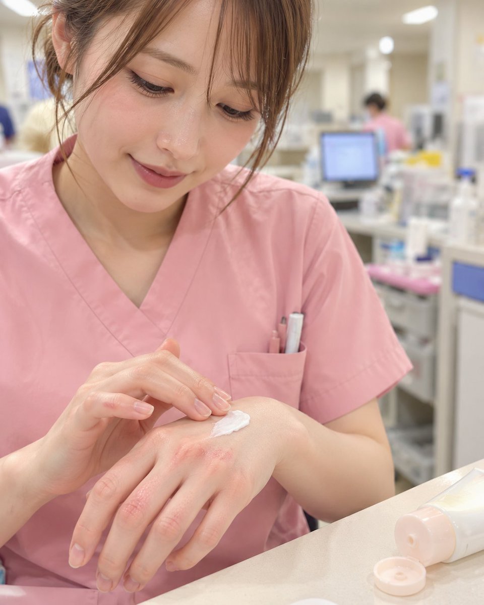 nasuko_ns's tweet photo. 看護師の手、秋から一気に荒れます。

1日に何十回も手を洗って消毒するので、これは避けられません。

ハンドクリームは、塗る回数より「塗ったあとに何もしない時間」のほうが大事です😭 https://t.co/l4HAwkUY2u
