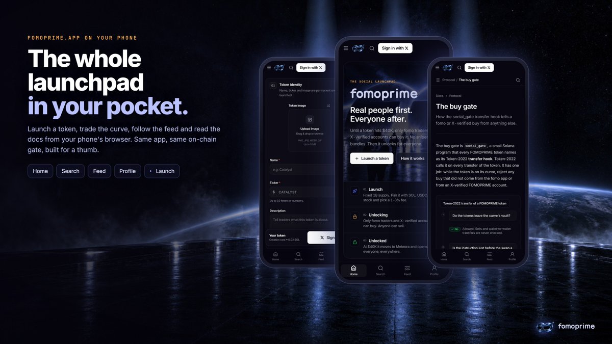 FomoPrime's tweet photo. The whole launchpad fits in your pocket.

Launch a token, trade the curve, follow the fomo feed and read the docs, all from your phone's browser. Same app, same on-chain gate, laid out for a thumb. https://t.co/nng0vmp6LD