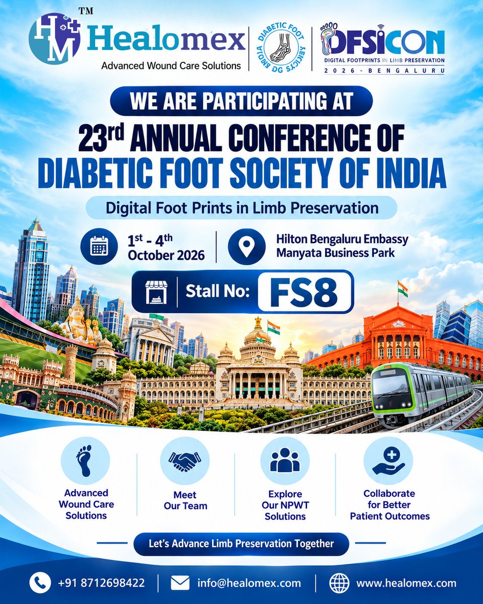 healomex's tweet photo. Healomex at DFSICON 2026 | Meet Us at Stall FS8 🦶💙

#Healomex #DFSICON2026 #DFSICON #DiabeticFoot #DiabeticFootCare #WoundCare #AdvancedWoundCare #NPWT #NegativePressureWoundTherapy #LimbPreservation #WoundHealing #HealthcareInnovation #MedicalDevices #Bengaluru #Medical https://t.co/cTpF5GfOL3