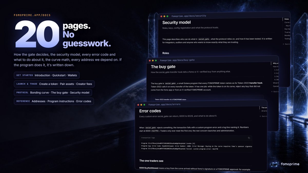 FomoPrime's tweet photo. 20 pages of docs, and none of it is marketing.

How the buy gate decides, step by step. The security model: every role, every key and what each one can't do. Every error code social_gate can return, 6000 to 6026, and what to do about it. The bonding curve math. Every address FOMOPRIME depends on, including the launch configs every token is created from.

If the program does it, it's written down. If you'd rather verify than trust, start there.

https://t.co/B1Qvsyzg3e