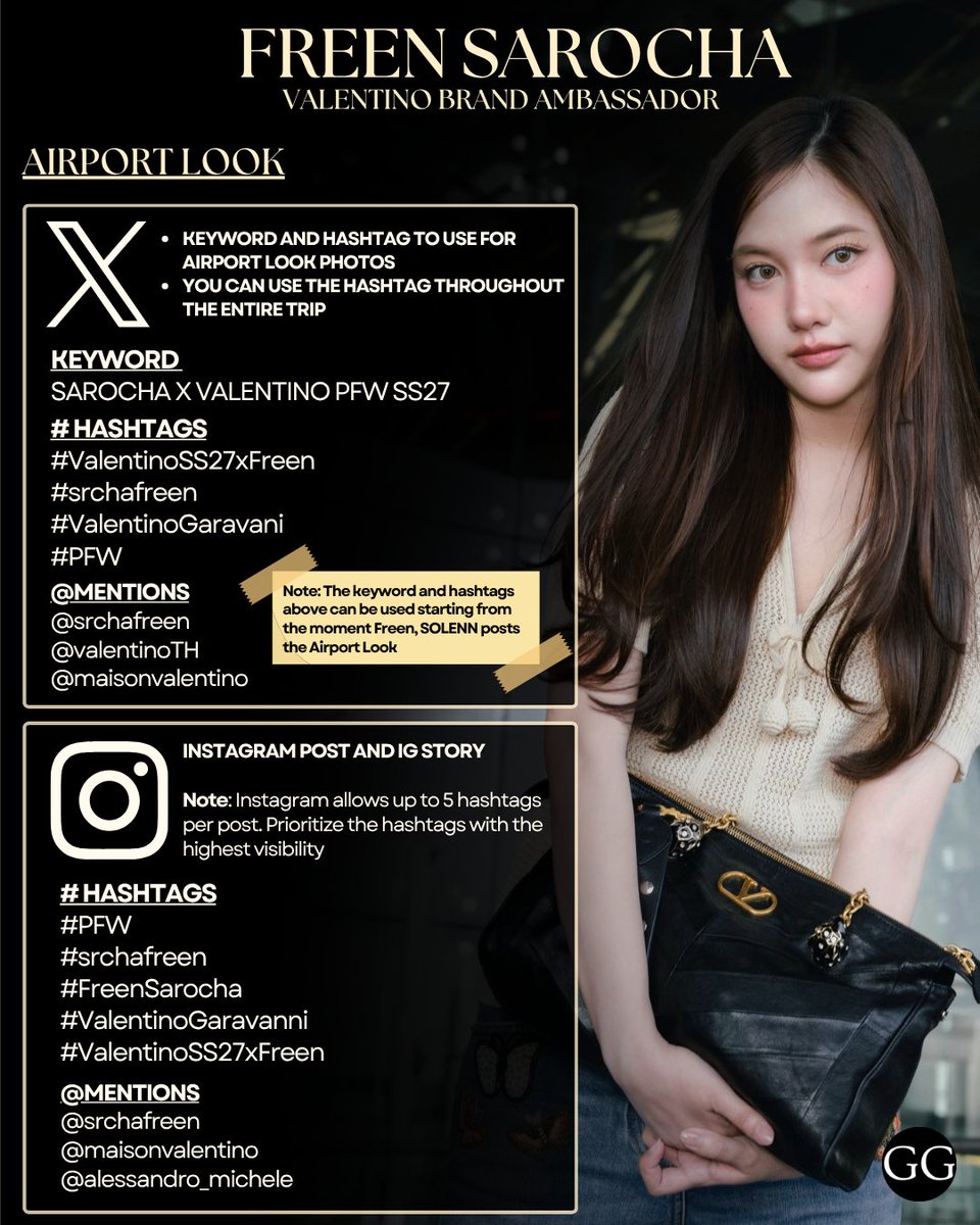 freenguides's tweet photo. 🔸Keyword and hashtag to use for airport look photos 
🔸You can use the hashtag throughout the entire trip
🔸mentions

🔠SAROCHA X VALENTINO PFW SS27
#️⃣#.ValentinoSS27xFreen
#️⃣#.srchafreen
#️⃣#.ValentinoGaravani
#️⃣#.PFW

@.valentinoTH 
@.MaisonValentino
@.srchafreen

#srchafreen 
#ValentinoxFreen