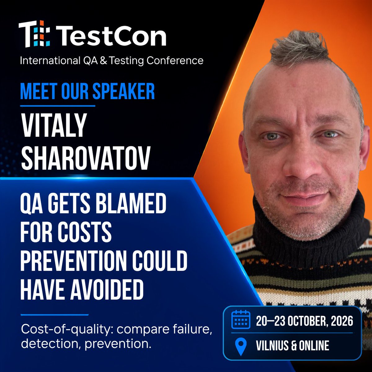 TestConEurope's tweet photo. Why does QA always get the blame when things go wrong? In his session "Cost of Quality: Where QA Ethics Meets Economics" at TestCon Europe 2026 Vitaly Sharovatov reveals how to shift the conversation from blame to smart investment.

Reserve your spot: https://t.co/Uqj16lzKEx 📝🔍 https://t.co/u7MtPc47FZ