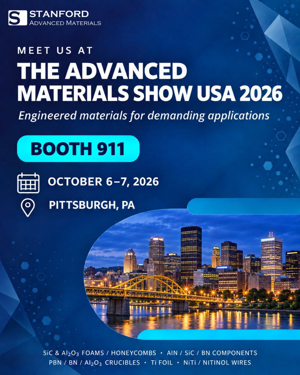SAMaterials's tweet photo. Thinner than paper, tougher than steel, and ceramics built to laugh at extreme thermal shock.  We’re packing Booth 911 with real-world material flexes: 0.05 mm Ti foil, shape-memory Nitinol, and custom SiC/PBN parts.  
 Pittsburgh | Oct 6–7
Free pass: https://t.co/t7W4clIC2U https://t.co/Waac3zzwR6