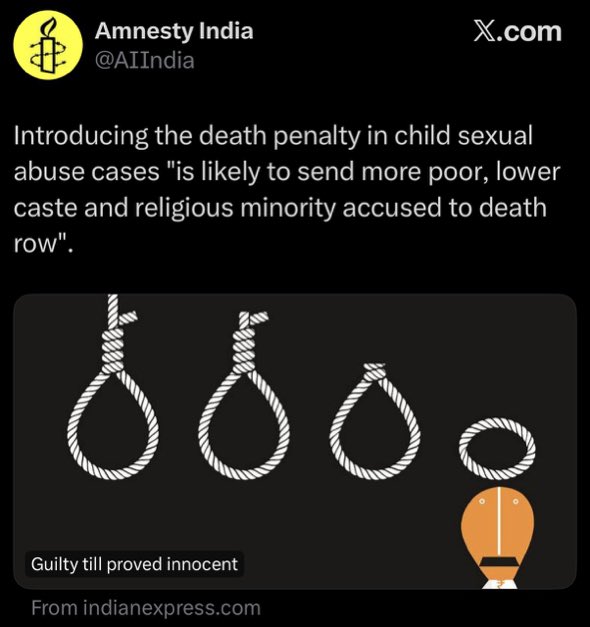 rishibagree's tweet photo. Death penalty in child sex abuses will send more poor, lower caste and Muslims to death row 
- Amnesty India https://t.co/s6CiT8dC9N