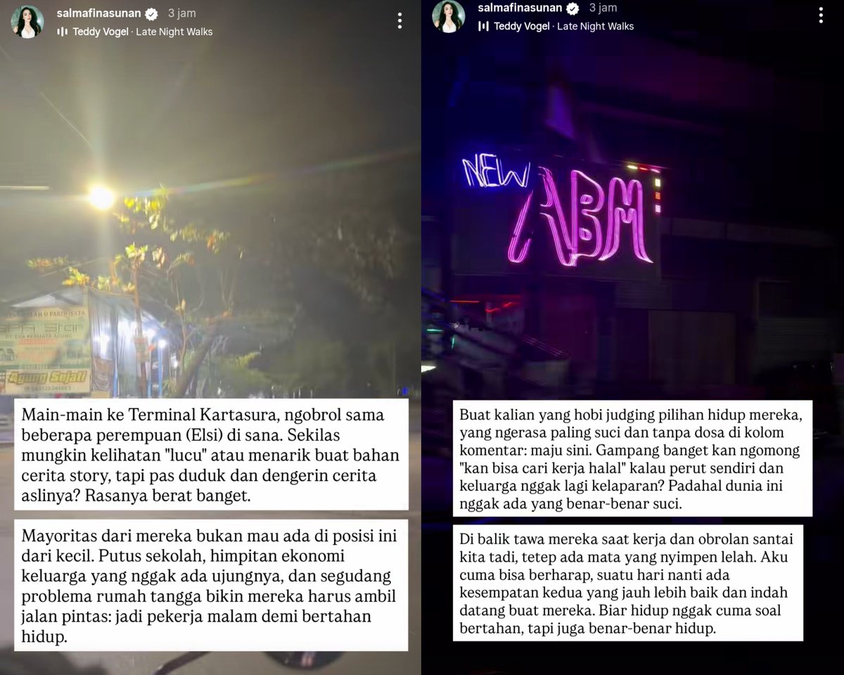 seduhtehnya's tweet photo. Salmafina Sunan baru aja dapet pengalaman hidup yang nggak biasa pas nyobain karaoke di Terminal Kartasura, Sukoharjo, Jawa Tengah!

Dari situ dia belajar buat lebih bersyukur dan nggak gampang menghakimi orang lain.

Pas karaoke, Salma sekalian sewa Elsi. Dia bilang sebenernya bisa aja nyanyi sendiri, tapi niat awalnya emang mau berbagi rezeki sama mereka.

Temennya sempat ngingetin buat berbagi secukupnya aja, soalnya uangnya kadang dipakai buat mabuk atau main slot.

Salma juga sempet ngobrol sama Elsi. Menurut Salma, sekilas mungkin kelihatan lucu buat bahan story, tapi pas denger cerita aslinya rasanya berat banget.

Dari obrolan itu, Salma dapet pelajaran kalau mayoritas dari mereka nggak pernah bercita-cita ada di posisi itu. 

Putus sekolah, himpitan ekonomi, sampai masalah rumah tangga bikin mereka jadi pekerja malam demi bertahan hidup.

Salma juga nyentil netizen yang hobi ngejudge pilihan hidup Elsi. 

Dia berharap suatu hari nanti mereka dapet kesempatan kedua yang lebih baik, biar hidup nggak cuma soal bertahan, tapi juga benar-benar hidup.

Niat Salma karaokean sambil berbagi rezeki, tapi malah dapet pelajaran hidup yang beuh mantep pisan~