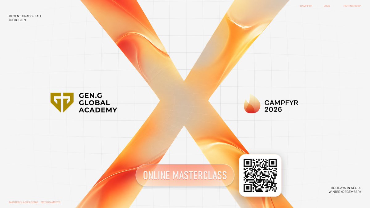 campfyrgg's tweet photo. CAMPFYR x Gen.G Global Academy

We're very excited to announce that we've partnered with @gengacademy to introduce you to the @GenG Practicum Program, and we're offering scholarships of up to $1,000 to selected applicants.

For 21 days you will be inside a global esports organisation, working on projects Gen.G is building right now. You will work alongside industry professionals, take part in team operations and help create real deliverables. If esports is your niche & interest, this is the perfect way to get started or learn more about the industry.

Some of what you will get to experience & do:
→ Get assigned to a Gen.G team
→ Work in Business, Education, Marketing or Game Design
→ Build deliverables with your group
→ Learn from industry mentors
→ Experience Korean culture

Cohorts:
October: Oct 12–30, 2026
December: Dec 21, 2026 – Jan 8, 2027

How to be considered for the scholarship through CAMPFYR:
When you apply, go to the referral question, select "Other" and type CAMPFYR.

Learn more & apply here: https://t.co/MY7SiVl4HR

Want to know more first?
Sign up for our online masterclass on the Practicum:
Friday 16 October, 4:00 PM CEST (Amsterdam, UTC+2)
3 PM UK / 10 AM ET / 7 AM PT
https://t.co/O7vWdjPVGT