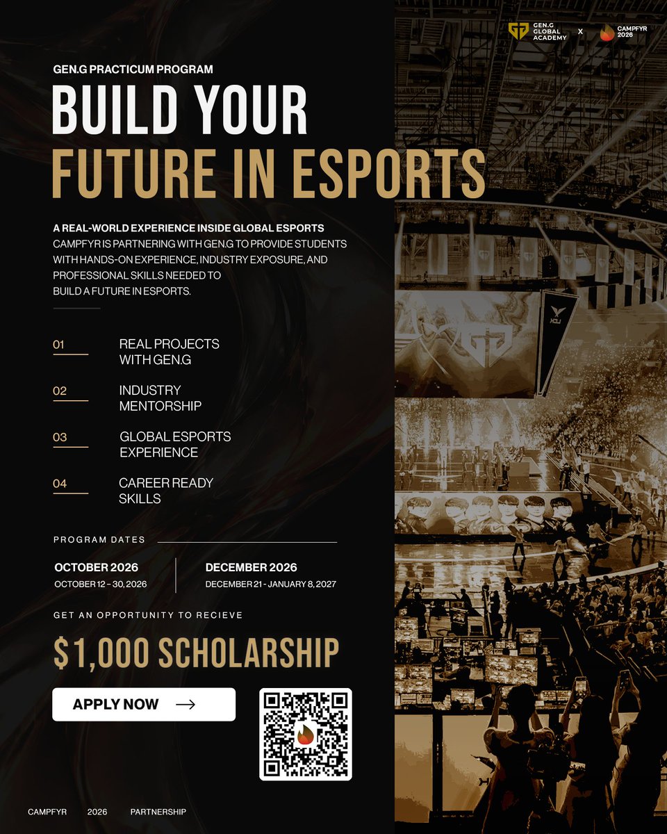 campfyrgg's tweet photo. CAMPFYR x Gen.G Global Academy

We're very excited to announce that we've partnered with @gengacademy to introduce you to the @GenG Practicum Program, and we're offering scholarships of up to $1,000 to selected applicants.

For 21 days you will be inside a global esports organisation, working on projects Gen.G is building right now. You will work alongside industry professionals, take part in team operations and help create real deliverables. If esports is your niche & interest, this is the perfect way to get started or learn more about the industry.

Some of what you will get to experience & do:
→ Get assigned to a Gen.G team
→ Work in Business, Education, Marketing or Game Design
→ Build deliverables with your group
→ Learn from industry mentors
→ Experience Korean culture

Cohorts:
October: Oct 12–30, 2026
December: Dec 21, 2026 – Jan 8, 2027

How to be considered for the scholarship through CAMPFYR:
When you apply, go to the referral question, select "Other" and type CAMPFYR.

Learn more & apply here: https://t.co/MY7SiVl4HR

Want to know more first?
Sign up for our online masterclass on the Practicum:
Friday 16 October, 4:00 PM CEST (Amsterdam, UTC+2)
3 PM UK / 10 AM ET / 7 AM PT
https://t.co/O7vWdjPVGT